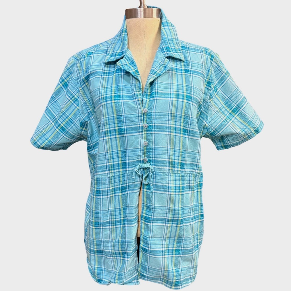 VTG Fashion Bug 18/20 Plaid Button Up Shirt Blue Green Metallic Drawstring Y2K